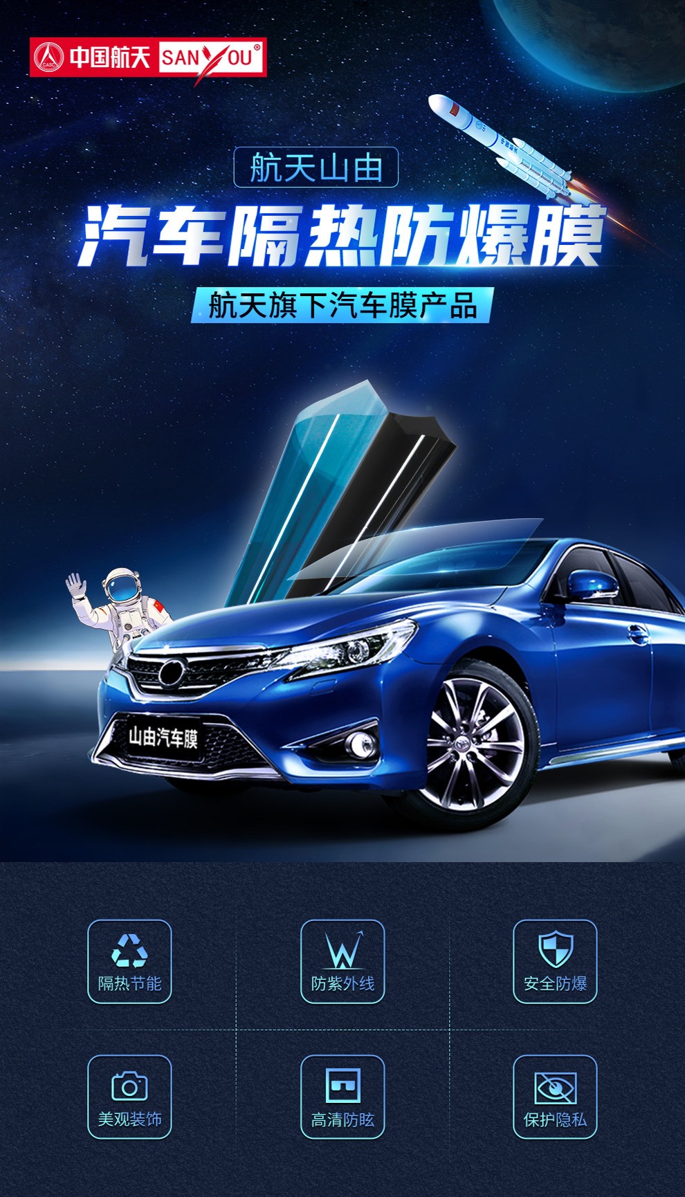 China Aerospace Sanyou Automotive Window Film, Glass Explosion-Proof Film, Heat Insulation Film, Solar Film, Automotive Explosion-Proof Film