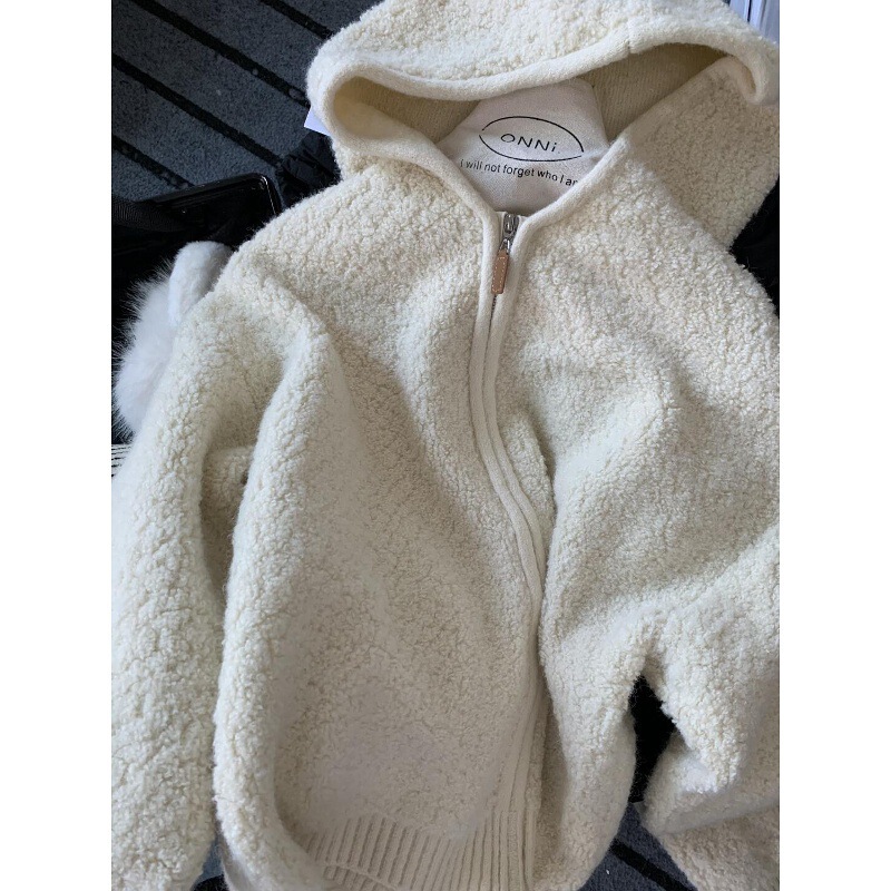 2026 Winter High-End Beige Cashmere Hooded Zip-Up Knit Cardigan for Women, Soft and Warm Sweater