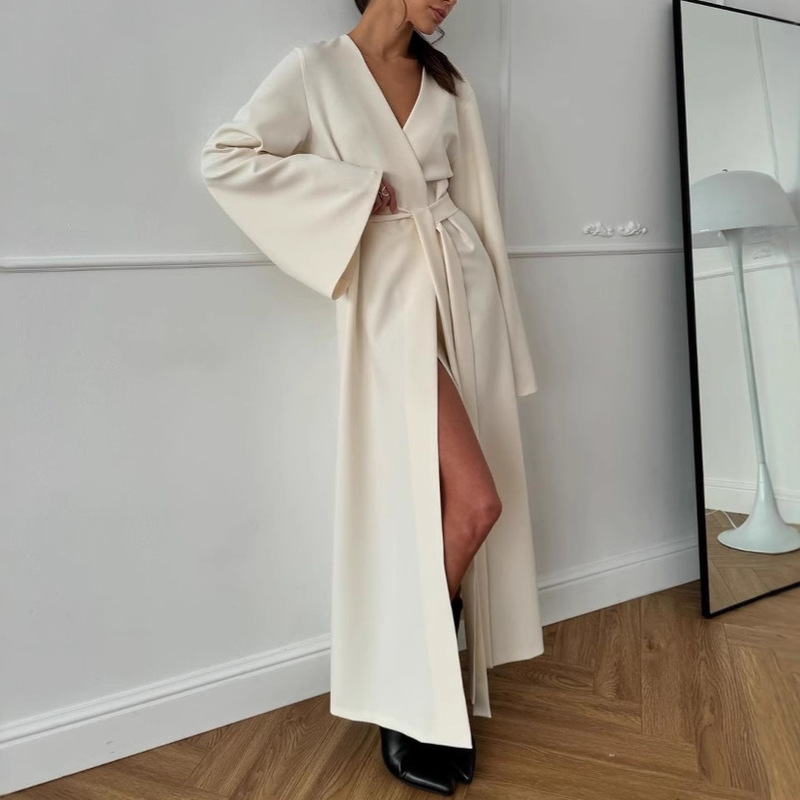 2024 autumn and winter new temperament long slit long sleeve lace-up dress Amazon European and American women's solid color robe