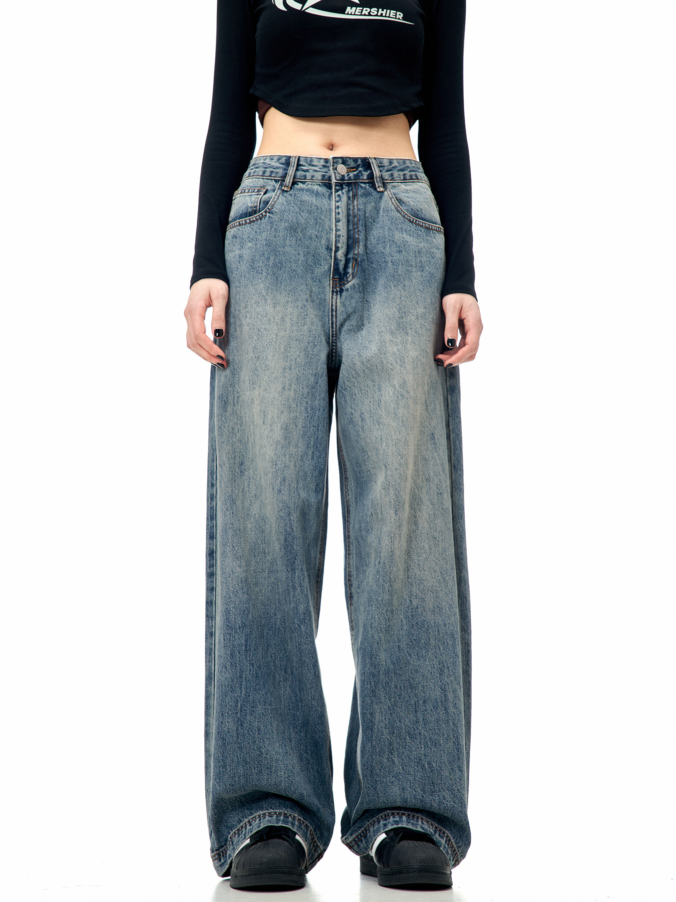 11KN Vaqueros de pierna recta azules retro americanos para hombres y mujeres, pantalones de pierna ancha informales, holgados, versátiles, modernos, sencillos y limpios