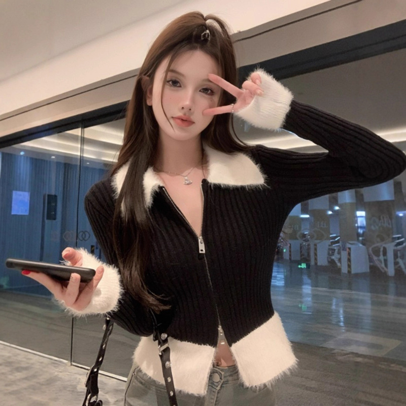 Sweet Girl Black Short Polo Collar Knitted Cardigan Women's Fur Collar Zipper Sweater Slim Fit Inner Bottoming Top