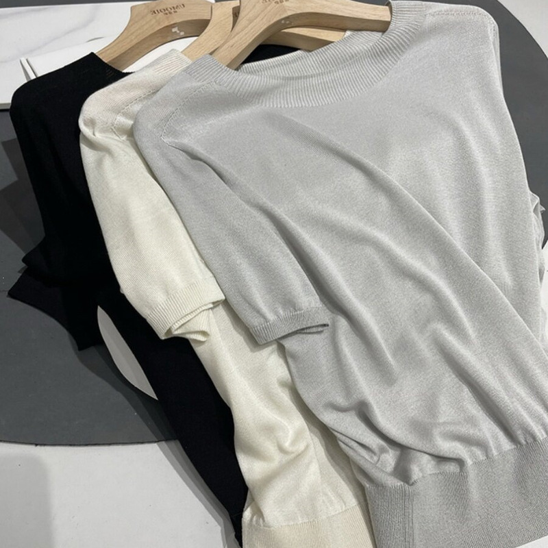 Shanghai Dan Nong Flagship Store/Ls Mulberry Silk-Like Tencel Short-Sleeve Pullover Knit Top for Women 2026 Summer New Model