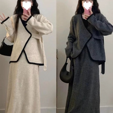 大码女装秋冬季加绒套装不规则针织上衣宽松胖MM显半身裙两件套
