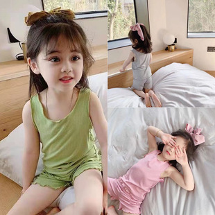 2025 Ice Silk Vest Set for Girls and Boys Children's Summer Home Clothes Short-Sleeved Children's Pajamas Two-Piece Set New Style