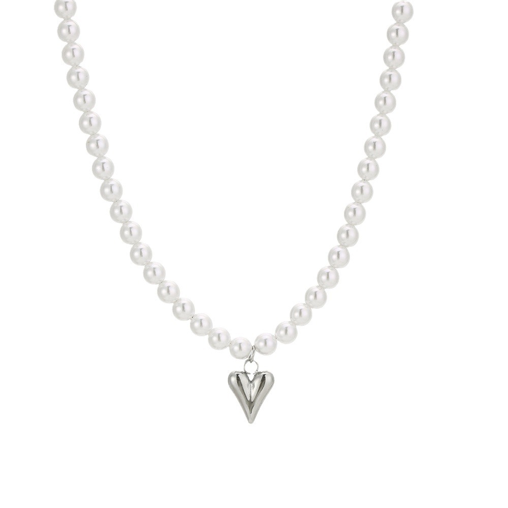 European And American Cross-Border Fashion Bead Heart-Shaped Simple Necklace For Women, Versatile Non-Fading Titanium_voghion.com