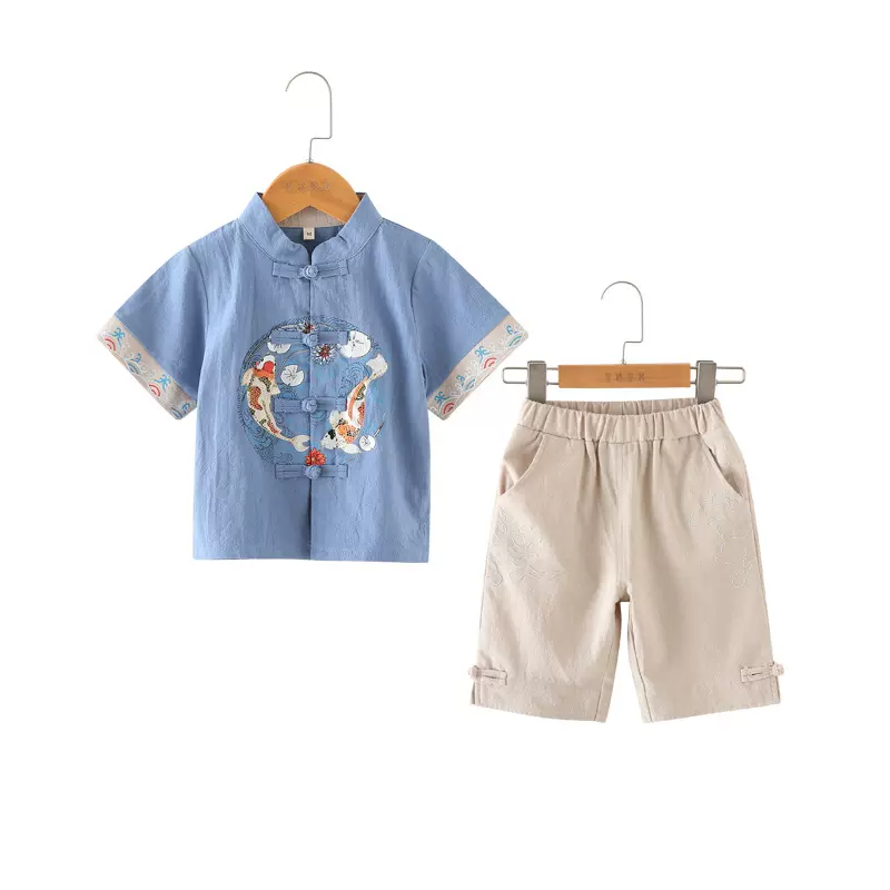 儿童汉服中国民族风男童唐装宝宝周岁唐装抓周服古装夏季棉麻套装