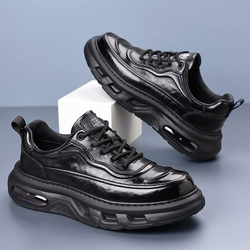 Giày sneaker nam da bò thật đế dày, giày thể thao thông thường thoáng khí đa năng — màu nâu, màu đen