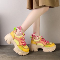 お父さんの靴の女性のネットの顔の2025春夏の新型のビスケットの女性の厚い底の小さい背の中で高くなる女性の靴
