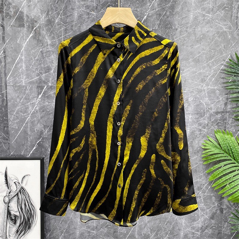 Women's Clothing Gilded segment dyeing! Satin leopard print irregular stripes   silk long sleeved shirt silk top_voghion.com