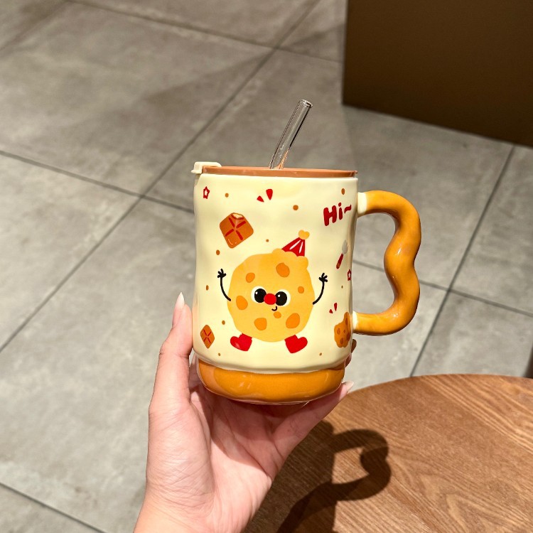 Inswind encantador toast taza de paja con tapa de cerámica taza de oficina de niñas taza de agua taza de alto valor facial taza