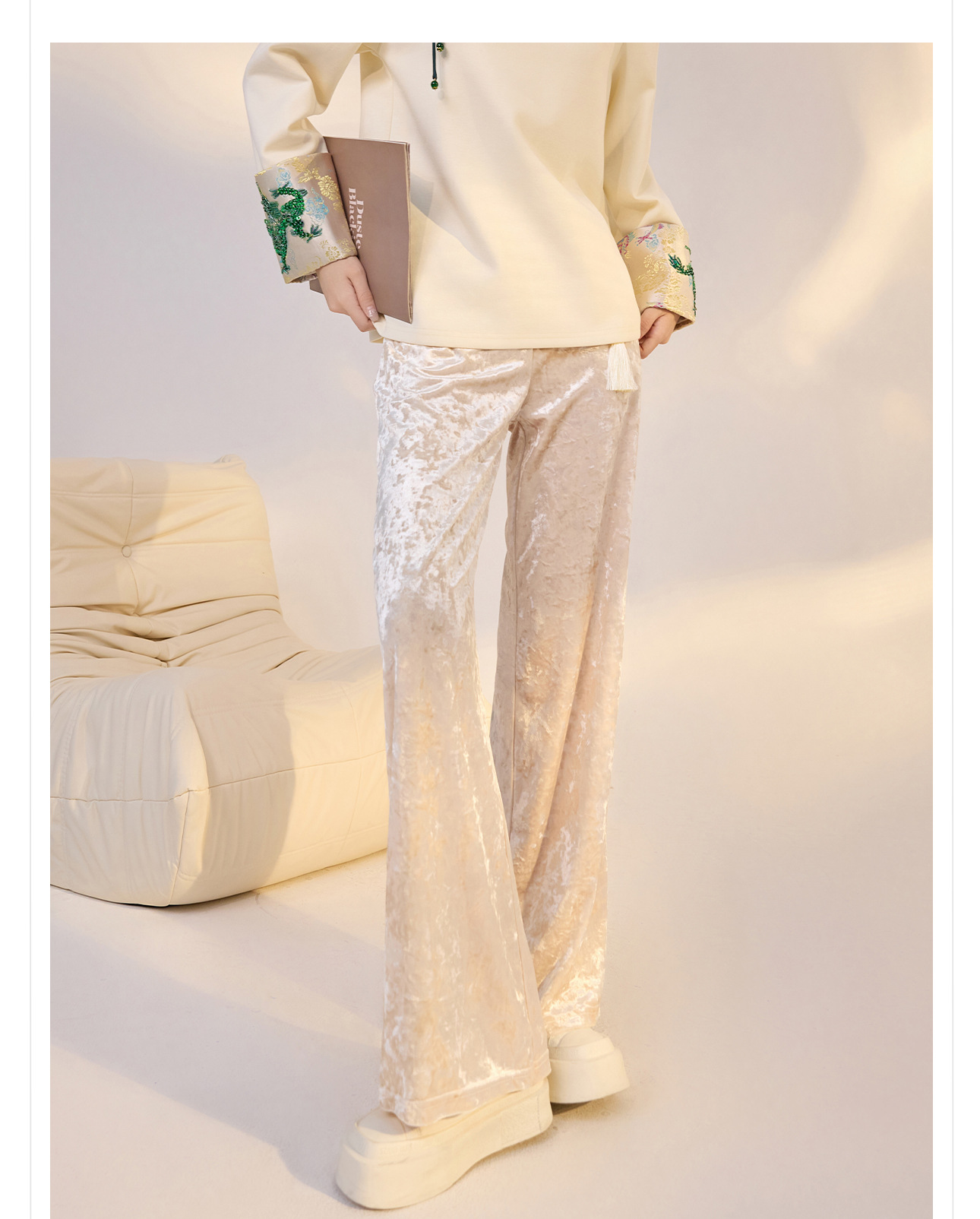 Quần ống rộng nhung lụa kiểu Trung Quốc mới, jacquard màu trơn, phong cách văn nghệ — Màu đen, Màu vàng, Màu hồng, Màu mơ chi tiết 5