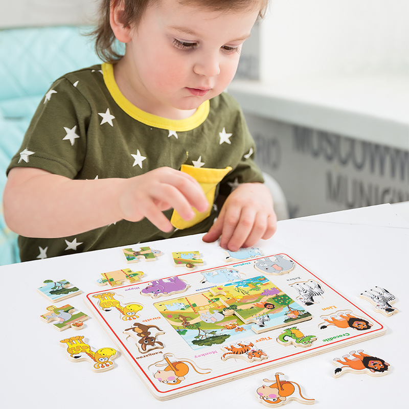 Entrenamiento de concentración de madera para niños, rompecabezas cognitivo tridimensional, juguetes, juegos de mesa a juego, rompecabezas de animales, tablero de rompecabezas tridimensional