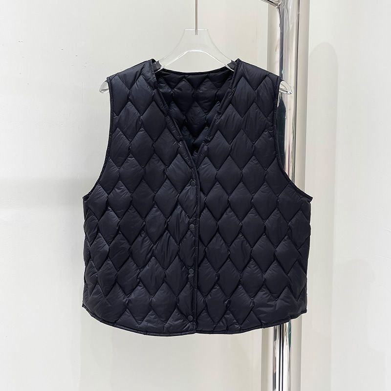 Otoño y invierno estilo chaleco de pluma de diamante caliente de mujer ligero revestimiento interior con chaleco de cuello en V delgado abrazadera de hombro
