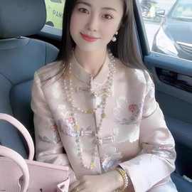 缎面新中式国风盘扣外套女装春秋冬新款高级感重工高级感印花上衣