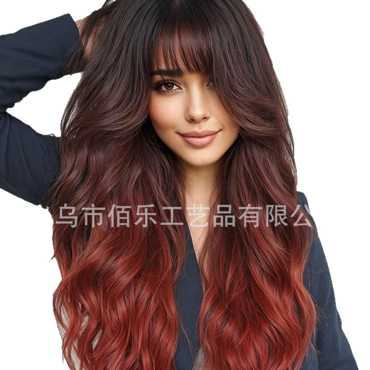 Perucas de cabello negro y rojo gradiente de cabello largo rizado ondas grandes resistencia a altas temperaturas simulación cuero cabelludo fibra química wig image 6