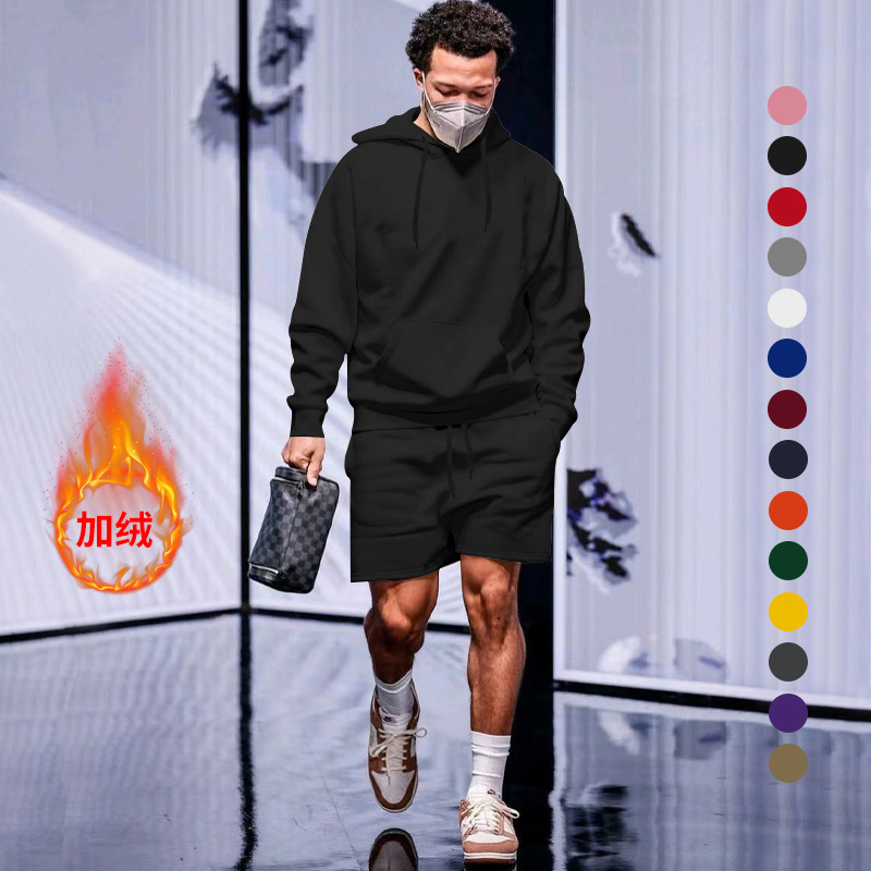 Comercio exterior transfronterizo 2023 Amazon Hombres otoño nuevos hombres forrados de lana suéter con capucha pantalones cortos traje casual