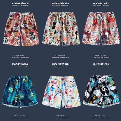 Hawaiian casual shorts for men, Hong Kong style, loose and versatile floral pants, beach vacation, matchable fashion, couple five-pocket pants