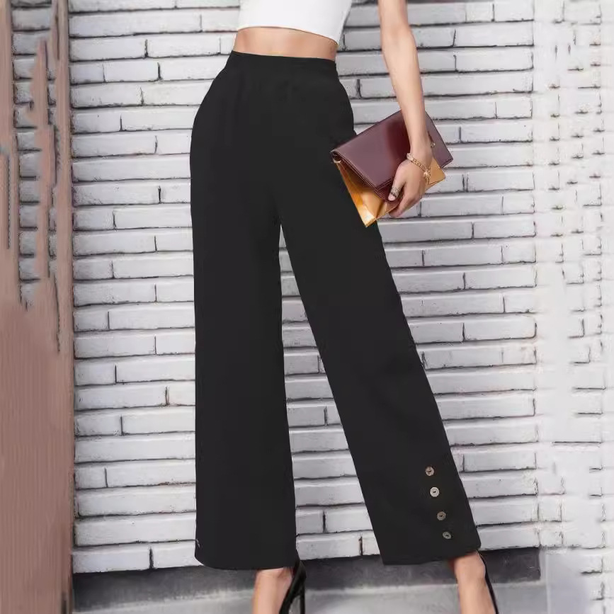 Pantaloni da donna larghi casuali di colore solido nuovi di autunno 2024 in poliestere nero_voghion.com