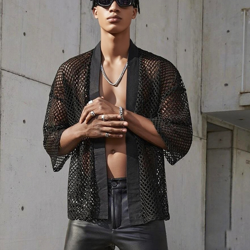 Hot Selling European and American Men's Hollow T-shirt Men Sexy Mesh Cardigan Shawl Fashion Men's Costume Tops Shirt