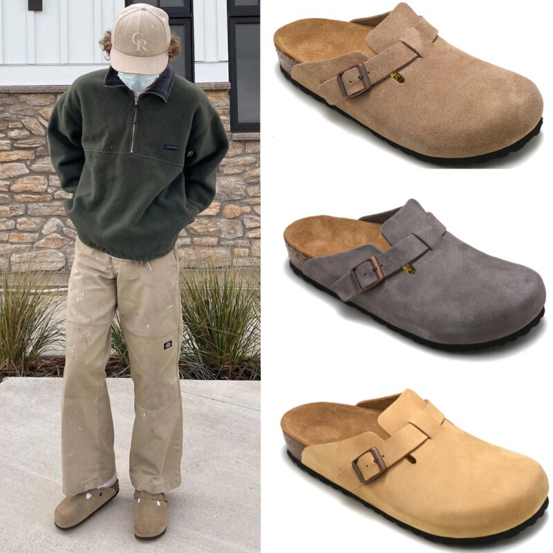 Wide Version Bk Birkenstock Shoes Boston Closed-Toe Slippers Genuine Leather Cork Sandals Slip-On Outdoor Wear Unisex Half-Slip Birkenstock Shoes