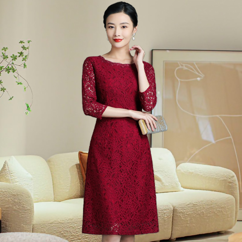 2021 New Autumn Clothing Burgundy Lace Dress Middle-Aged and Elderly Waist Slimming Look Elegant Mother's Clothing Drop Shipping 2021 New Autumn Clothing Burgundy Lace Dress Middle-Aged and Elderly Waist Slimming Look Elegant Mother's Clothing Drop Shipping