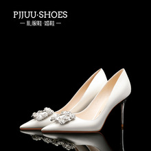 pjjuu禮服鞋 緞面婚鞋白色高跟鞋女細跟尖頭水鑽單鞋配婚紗新娘鞋