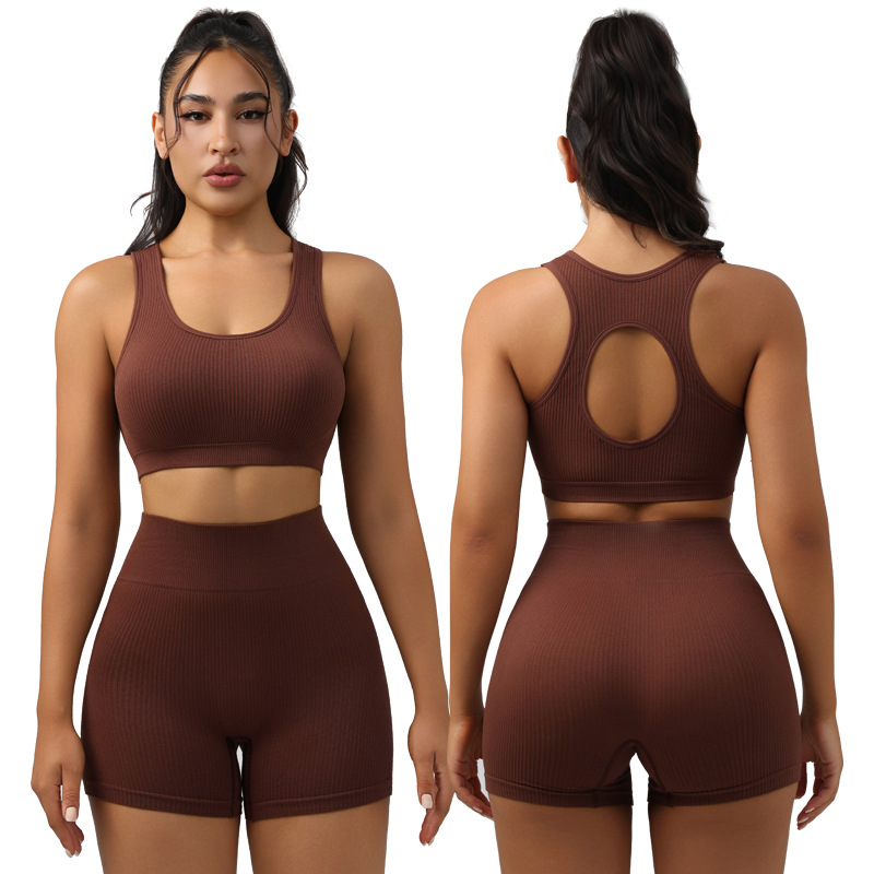 Bra apretado con cojín de pecho de rosca, yoga de cintura alta, melocotón de acondicionamiento físico, ropa deportiva de secado rápido, pantalones cortos.
