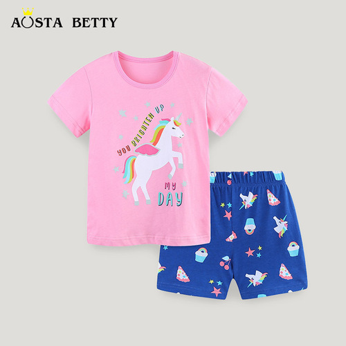 European and American Style Children's Clothing Set Short Sleeve Knit Cotton 24 Summer Girls' Set Cartoon Animal Print Children's Two-Piece Set