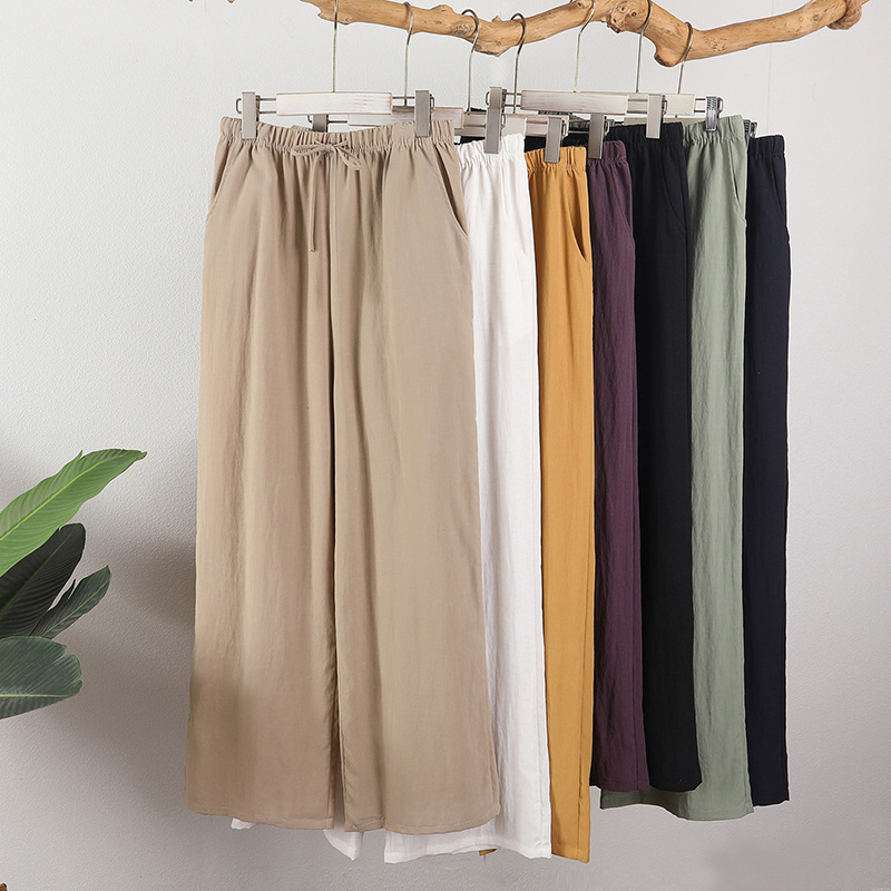 Cotton and Linen Wide-Leg Pants for Women, Summer Drapey Straight-Leg Pants, Loose and Slimming Casual Walking Pants with Drawstring and Pockets Cotton and Linen Wide-Leg Pants for Women, Summer Drapey Straight-Leg Pants, Loose and Slimming Casual Walking Pants with Drawstring and Pockets