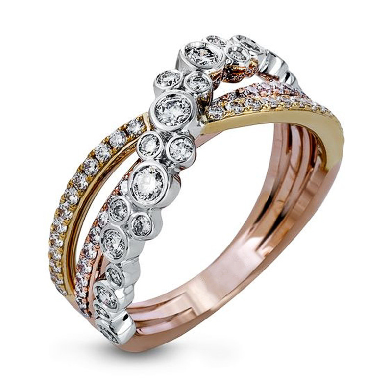 Tri-colour Zircon Ring For Women, Elegant X-shaped Cross Ring_voghion.com
