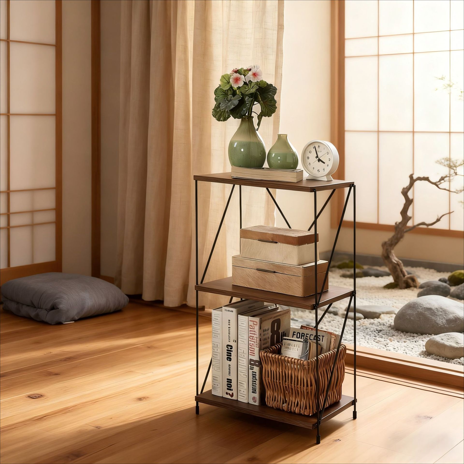 Estante de exposición simple de estilo japonés retro sala de estar estante de almacenamiento de libros estante de decoración estante de almacenamiento multicapa estante de estudio dormitorio image 1