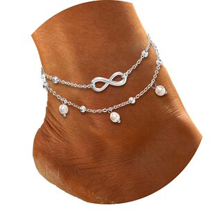 Foreign Trade Amazon New Unlimited Layered Imitation Pearl Pendant Anklet European and American Rice Bead Chain Zircon Multi-layer Anklet for Women