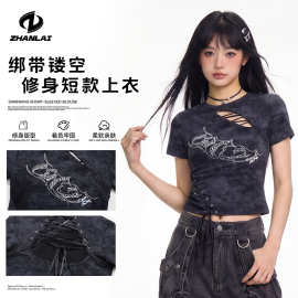 ZHANLAI 偡徕短袖t恤女夏季修身收腰褶皱扎带露背印花短款上衣