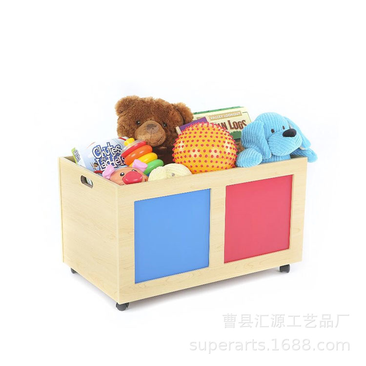 定做彩色带滑轮子儿童布娃娃玩具收纳木箱  无盖大出口木质收纳箱