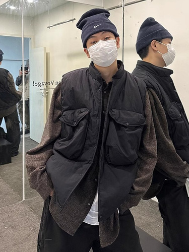 Vintage American-style retro brand large pocket solid color denim jacket cotton winter warm thick windproof sleeveless top for men and women