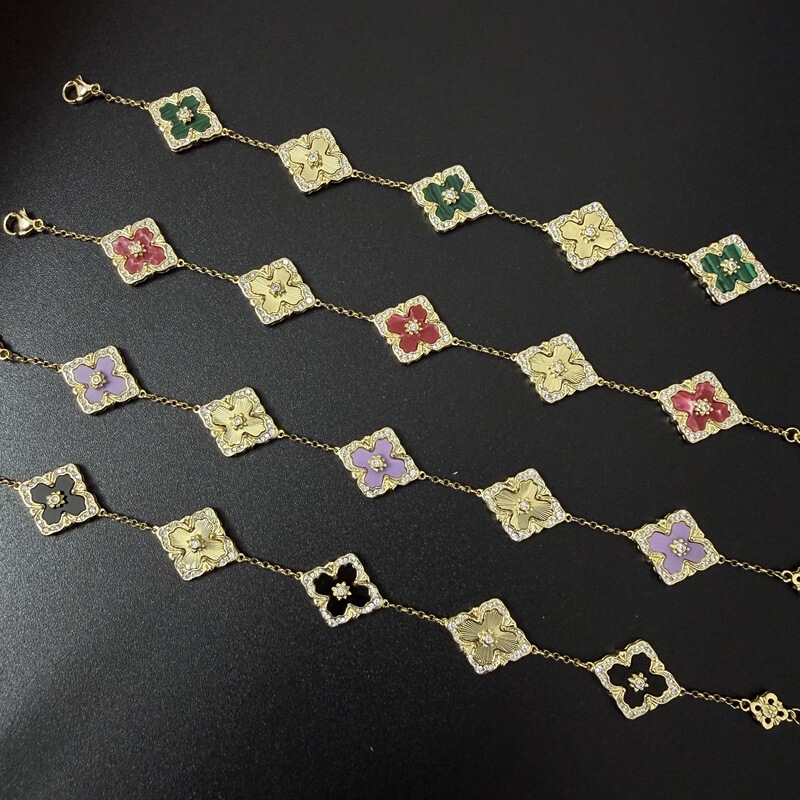 Italian Brushed Fabric Qi Five-Flower Bracelet for Women, Four-Leaf Clover Bracelet with a High-End Feel, Diamond-Studded Floral Jewelry, Versatile