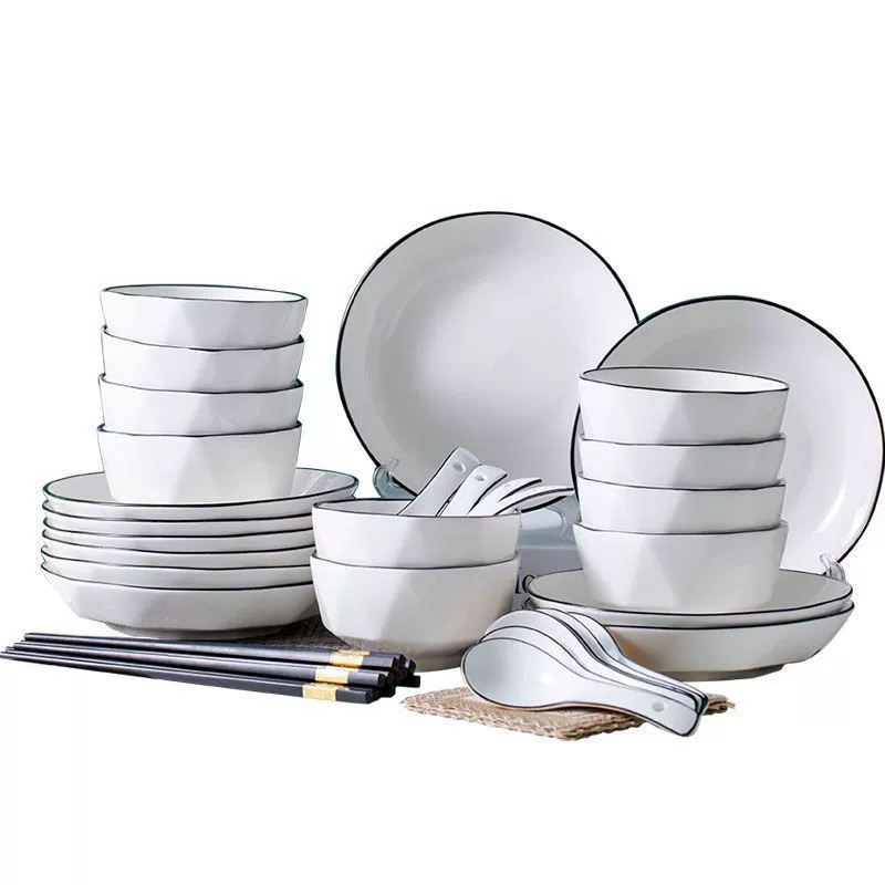 Porcelain Tableware Set, Underglaze Black Line, Simple Elegant Design, Multiple Sizes