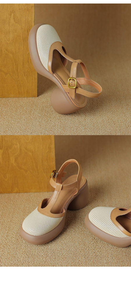Sandal nữ da cừu đục lỗ bít mũi quai chữ T khóa cài đế dày gót cao — Màu đen chi tiết 19