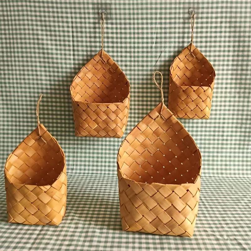 새로운 북유럽 짠 교수형 바구니 목가적 인 벽걸이 꽃 바구니 주방 생강 마늘 보관 휴대용 식료품 주방 용품 발코니 녹색 식물