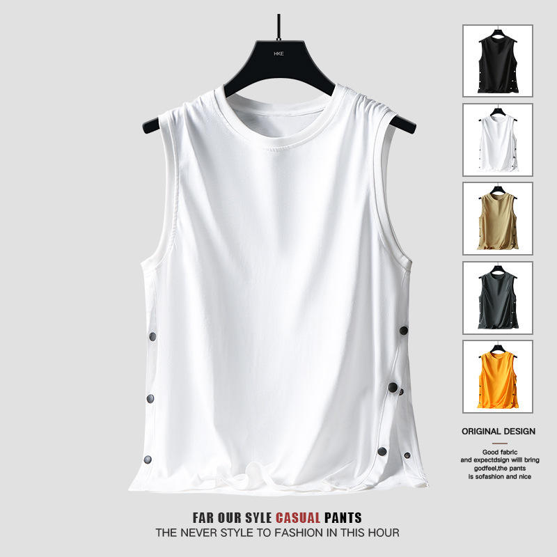 Buckle Sleeveless Vest Men's Summer Trendy Brand Pure Cotton Fitness Sports Waistcoat Short-sleeved T-shirt Large Size Basketball Solid Color