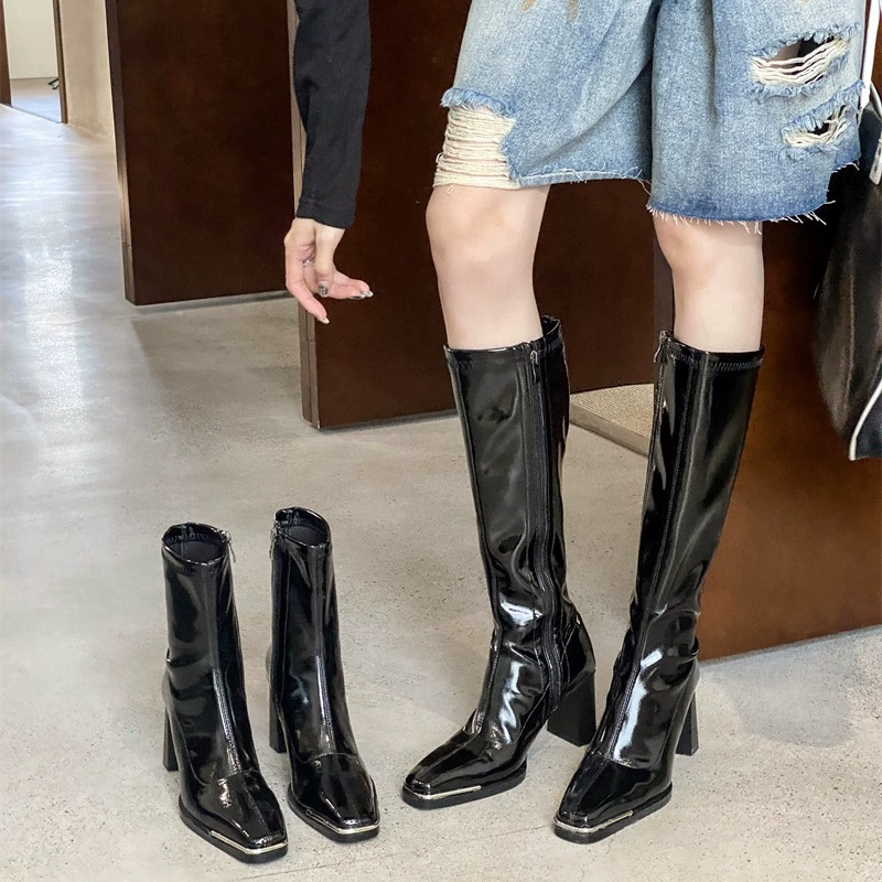 Чистый красный тот же сексуальный толстый каблок на высоком каблуке женский железный квадрат с лакированной кожей тонкие сапоги рыцаря 218-2 короткие 218-11 длинные