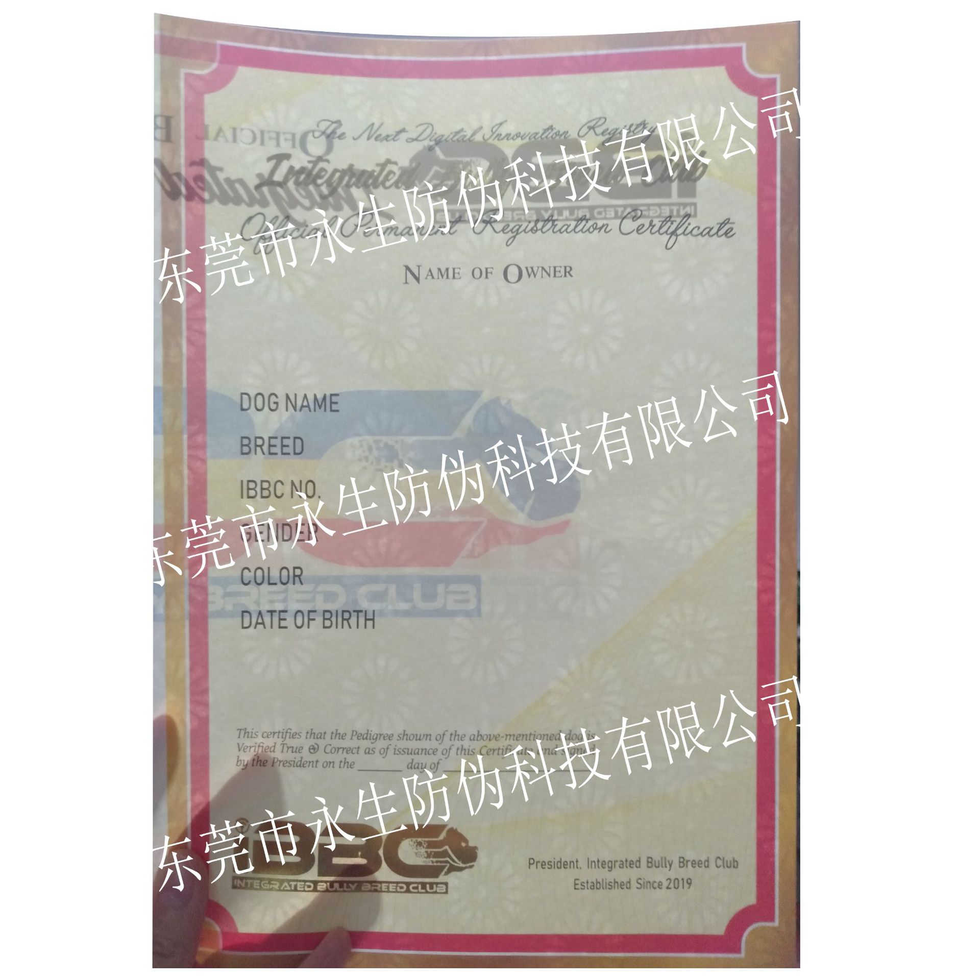 菊花水印证书  荧光隐形纤维  二维码镭射  透明层压膜  镭射贴纸