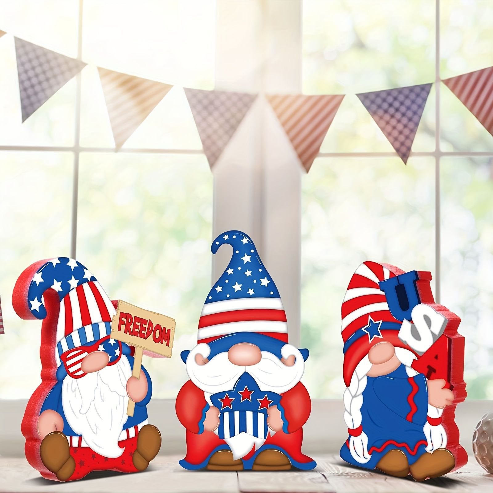 Día de la Independencia de los Estados Unidos transfronterizo enano sin cara solo escritorio decoración de bandeja de madera