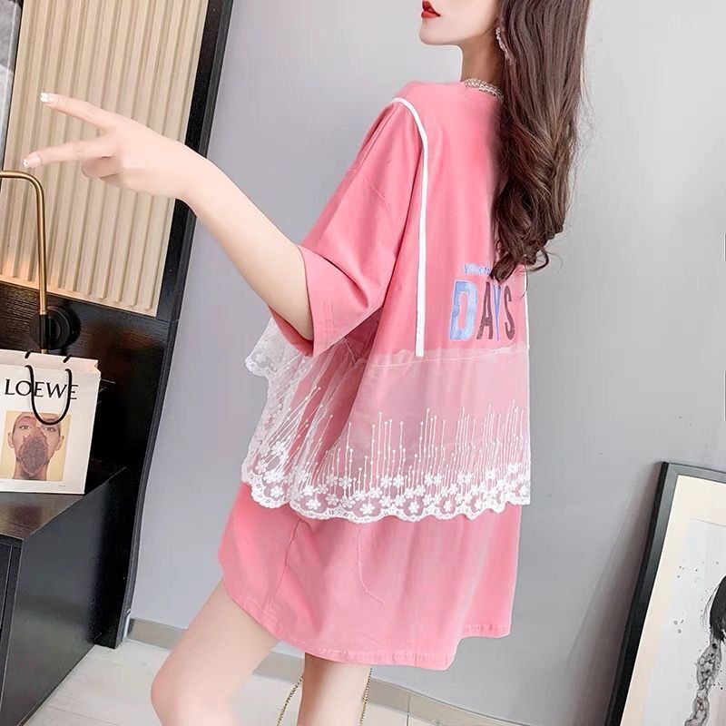 Heavy industry lace stitching T-shirt women's short sleeve 2024 spring and summer New loose Korean style Internet celebrity mid-length dress fashion