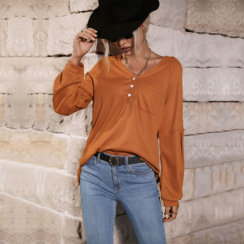 Solid Color Pocket Button Hooded Sweater Pullover_voghion.com