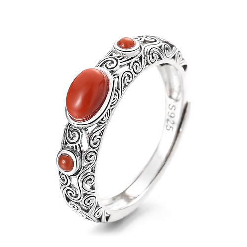 Yunchaoxuan S925 sterling silver vintage distressed craft pattern embellished with southern red agate literary and artistic temperament open ring