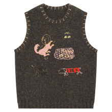 衣品男装甜辣卡通涂鸦刺绣针织衫马甲女美式叠穿休闲无袖短款毛衣