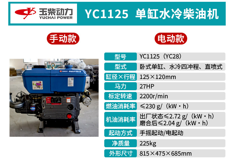 Foreign Trade Yuchai Water-Cooled Single-Cylinder Diesel Engine 12/15/18 Horsepower Small Tractor Electric Start Water-Cooled Diesel Engine