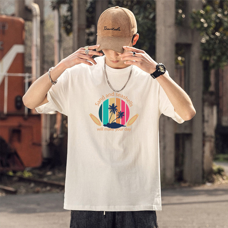 Camiseta de manga corta de los hombres de algodón de manga corta pie 230G pesada suelta marca de moda verano cuello redondo Camiseta de los hombres