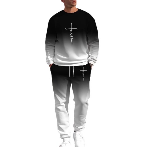 Fashion 3D Printed Sporty Casual Sweatshirt and Pants Set for Men - Autumn Round Neck Simple Letter Print with Gradient Design
